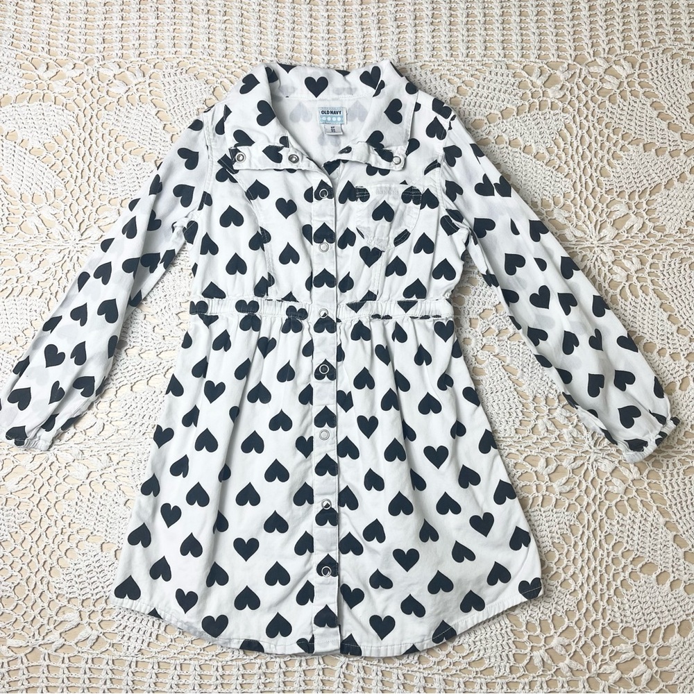 Old Navy Girls 5t Black Heart AOP Collared Casual Tee Shirt Dress